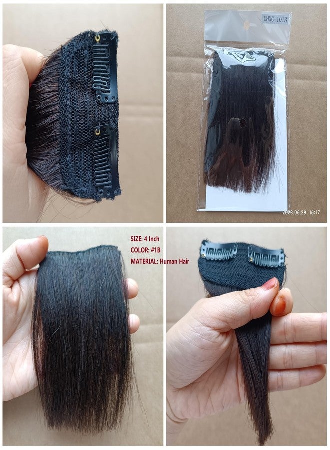 FEIPRO Real Human Hair Silky Straight Short Hair Extensions Volume Insert Clip Natural Invisible Lady Parts Frontal Bangs Toppers for Women Men Thinning Hair Short Hair 4"#1B Natural Black - Image 2